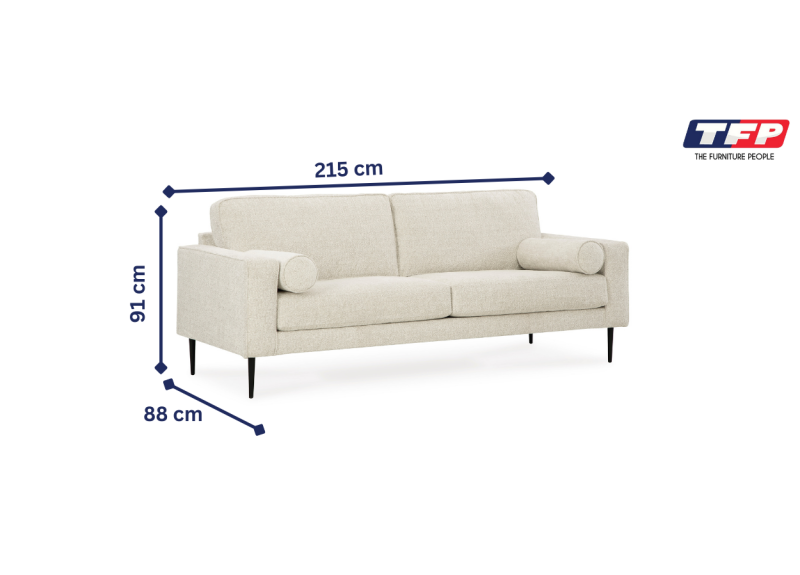 3 Seater Sofa Fabric Upholstery with Metal Legs - Redan